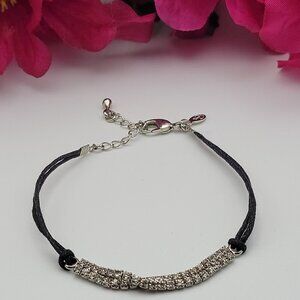 Premier Designs Silver Tone Clear Rhinestones Black Cord Bracelet 8" Adjustable